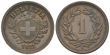 Швейцария 1 раппен 1921 B KM 3 бронза 4617-368