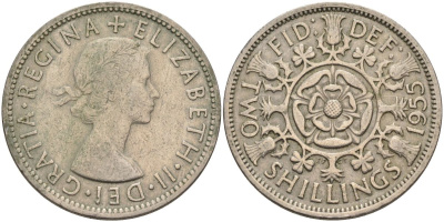 Великобритания 2 шиллинга (флорин) 1955 Елизавета II (1952-2022) KM 906, Spink 4146 медно-никель 4117-1023