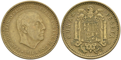 Испания 1 песета 1966 (70) Франсиско Франко (1939 - 1975) KM 796 алюминиевая бронза 4155-355