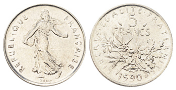 Франция 5 франков 1990 сеятель KM 926a.1, Le Franc 341.22 медно-никель плакированный никелем UNC 4692-1112