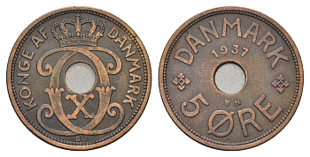 Дания 5 эре 1937 N, Кристиан X (1912-1947) KM 828 бронза 4700-841