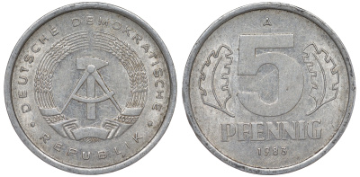 ГДР 5 ПФЕННИГОВ 1983 A КМ 9.2 алюминий 62-534