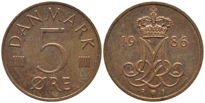 ДАНИЯ 5 ЭРЕ 1986 R; B, МАРГРЕТЕ II (1972-) KM 859.3 железо плакированное медью 116-169