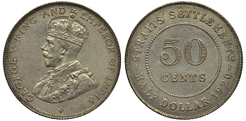 Стрейтс-Сетлментс 50 центов 1920 Георг V (1910-1936) KM 35.1 серебро 4044-422