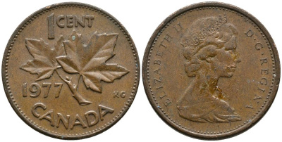 Канада 1 цент 1977 Елизавета II (1952-2022), кленовый лист KM 59.1 бронза 4549-363