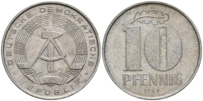 ГДР 10 пфеннигов 1968 A KM 10 алюминий 55-1133