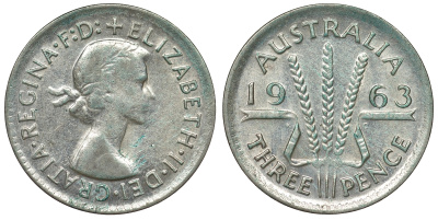 Австралия 3 пенса 1963 m, Елизавета II (1952-2022) KM 57 серебро 71-837