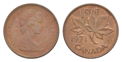 Канада 1 цент 1971 Елизавета II (1952-2022), кленовый лист KM 59 бронза 4630-549