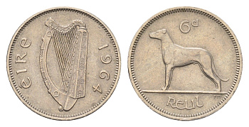 Ирландия 6 пенсов 1964 собака, ирландский волкодав KM 13a медно-никель 4687-938