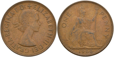 Великобритания 1 пенни 1966 Елизавета II (1952-2022) КМ 897, Spink 4157 бронза 4144-933