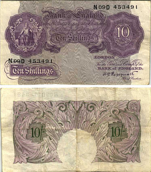 АНГЛИЯ 10 ШИЛЛИНГОВ 1948-1949 СИРЕНЕВАЯ, ПОДПИСЬ K.O. PEPPIATT Pick 368a бумага 7207-30-3