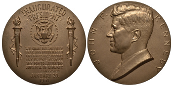 США МЕДАЛЬ 1961 ДЖОН КЕННЕДИ, ИНАУГУРАЦИЯ, GILROY ROBERTS 77 мм, 215,1 гр бронза UNC 00-00