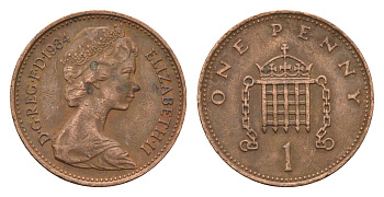 Великобритания 1 пенни 1984 Елизавета II (1952-2022) KM 927, Spink 4238 (B2) бронза 4696-754