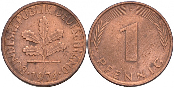 ФРГ 1 ПФЕННИГ 1974 F KM 105, J. 380 сталь плакированная медью 4547-1131