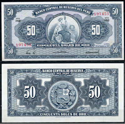 Перу 50 солей 1968 сидящая свобода, Thomas de la Rue, серия H58 Pick 85 a  бумага  UNC (пресс) 451-807-3
