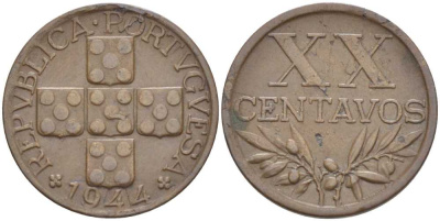 ПОРТУГАЛИЯ 20 СЕНТАВО 1944 KM 584 бронза 4391-343
