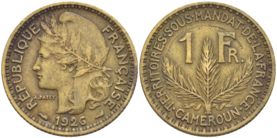 Французский Камерун 1 франк 1926 (а), монетный двор Париж KM 2 алюминиевая бронза 63-246