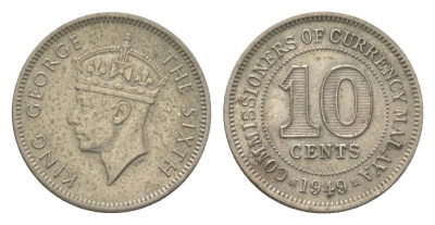 Британская Малайя 10 центов 1949 Георг VI (1936-1952) KM 8 медно-никель 4623-531