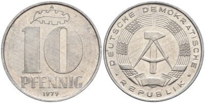 ГДР 10 пфеннигов 1979 A KM 10 алюминий 4143-737
