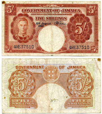 Ямайка 5 шиллингов 1958 15 августа 1958, Георг VI Pick 37b бумага 000-000-00