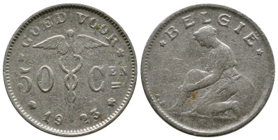 БЕЛЬГИЯ 50 САНТИМОВ 1923 BELGIE KM 88 никель 93-647