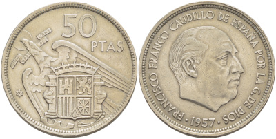 Испания 50 песет 1957 (60) Франциско Франко (1939-1975) KM 788 медно-никель 4185-926