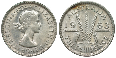 Австралия 3 пенса 1963 m, Елизавета II (1952-2022) KM 57 серебро 71-934