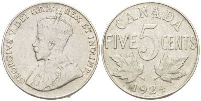 КАНАДА 5 ЦЕНТОВ 1924 ГЕОРГ V KM 29 никель 4448-916