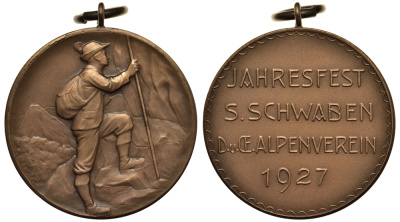ШВАБИЯ (ШТУТГАРТ) МЕДАЛЬ 1927 ПОКОРИТЕЛЮ АЛЬП, 33 мм, 16,7 гр UNC 1072-9-24