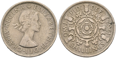 Великобритания 2 шиллинга (флорин) 1962 Елизавета II (1952-2022) KM 906, Spink 4146 медно-никель 4572-1016
