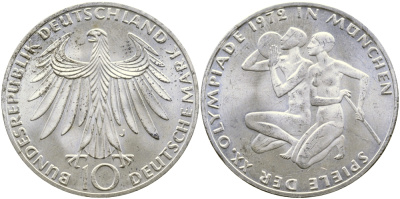 ФРГ 10 марок 1972 J, XX летние Олимпийские Игры, Мюнхен 1972, спортсмены KM 132, J. 403 серебро 58-1042