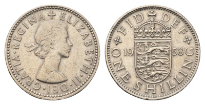 Великобритания 1 шиллинг 1958 Елизавета II (1952-2022), Английский герб KM 904, Spink 4147 медно-никель 4695-747