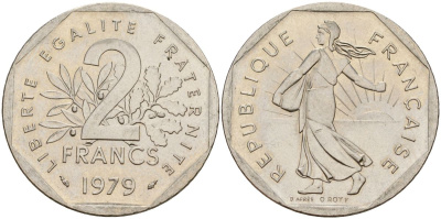 Франция 2 франка 1979 сеятель KM 942.1, Le Franc 272.3 никель 4150-843