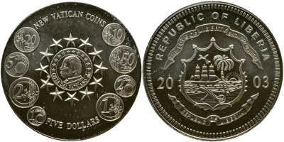 Либерия 5 долларов 2003 новые евромонеты Ватикана KM NEW медно-никель  UNC  1066-4-25