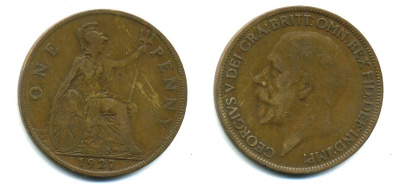 Великобритания 1 пенни 1927 Георг V (1910-1936) КМ 826, Spink 4054 бронза 41-932