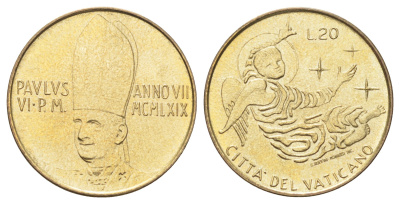 Ватикан 20 лир 1969 MCMLXIX, год-тип KM 112 алюминиевая бронза UNC 4701-515