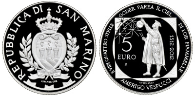 Сан-Марино 5 евро 2012 500 лет со дня смерти Америго Веспуччи, коробка, сертификат SM 160 серебро PROOF 2-5-2-6