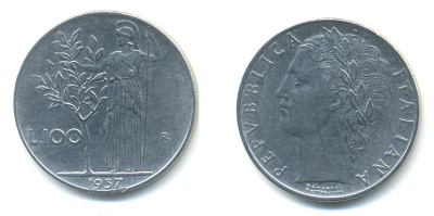 ИТАЛИЯ 100 ЛИР 1957 R, АФИНА KM 96.1 нержавеющая сталь 3999-324