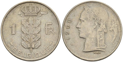 БЕЛЬГИЯ 1 ФРАНК 1960 BELGIQUE KM 142.1 медно-никель 4546-445