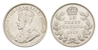 Канада 10 центов 1917 Георг V (1910-1936) KM 23 серебро 1527-711