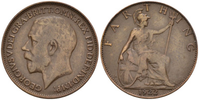 Великобритания 1 фартинг 1922 Георг V (1910-1936), светлая отделка KM 808.2, Spink 4060 бронза 4154-251