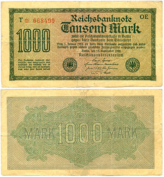 ГЕРМАНИЯ 1000 МАРОК 1922 15 СЕНТЯБРЯ 1922, ВОДЯНОЙ ЗНАК I, ЖЕЛТАЯ БУМАГА, СЕРИЯ OE Pick 76b, Rosenberg 75d бумага 6262-1-2-1