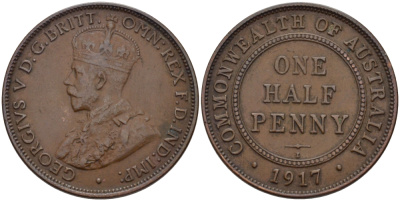 АВСТРАЛИЯ 1/2 ПЕННИ 1917 ГЕОРГ V KM 22 бронза 67-1214