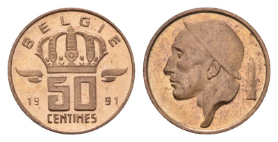 Бельгия 50 сантимов 1991 Belgie, Бодуэн I (1951-1993) KM 149 бронза UNC 116-522