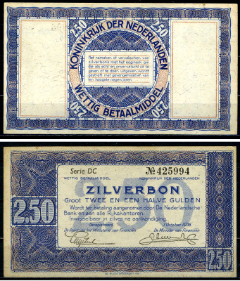 Нидерланды 2 1/2 гульдена 1938 серебряный ваучер, 2 буквы 6 цифр Pick 62, Akkermans 11.1 b бумага aUNC 451-594-3