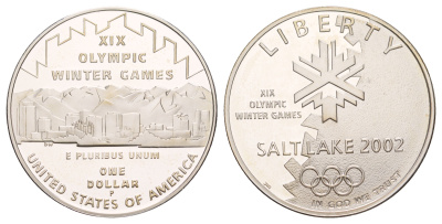 США 1 доллар 2002 P, XIX зимние Олимпийские Игры, Солт-Лейк-Сити 2002, в оригинальной коробке KM 336 серебро PROOF 3-6-2-06