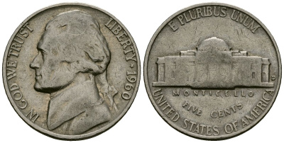 США 5 центов 1960 Джефферсон KM A192 медно-никель 4135-442