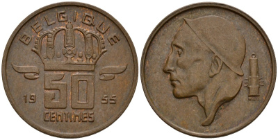 Бельгия 50 сантимов 1955 Belgique, Бодуэн I (1951-1993) KM 144 бронза 4154-1049