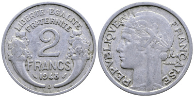 Франция 2 франка 1948 В KM 886а.2 алюминий 81-115