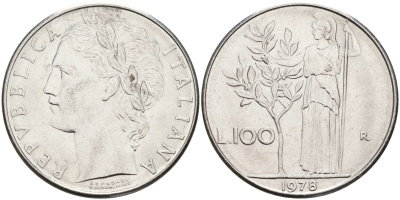 Италия 100 лир 1978 R, Афина в доспехах KM 96.1 сталь    4599-1123